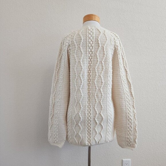 Homemade Chunky Cable Open Knit Cream V Neck Pullover Sweater Tunic Womens S - Picture 6 of 10